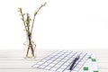 Home office workspace mockup with notebook, pen, plant potted and accessories on white wood desk background Royalty Free Stock Photo