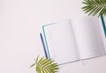 Home office workspace mockup.Workspace top view, copy space.White desk office with blank notebook,pencil and other office supplies Royalty Free Stock Photo