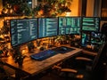 Home office workspace with multiple monitors and plants. Coding in progress Royalty Free Stock Photo