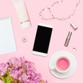 Home office workspace. Phone with copyspace. Flat lay, Top view Beauty blog. Woman fashion accessories, phone Royalty Free Stock Photo