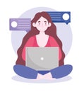 Home office workspace, smiling woman using chatting laptop chatting sitting Royalty Free Stock Photo