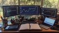 Trader\'s workstation with multiple monitors displaying stock charts and code Royalty Free Stock Photo