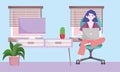 Home office workspace, woman sitting at table and working