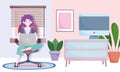 Home office workspace, woman using laptop sitting on chair, room computer table plants and window