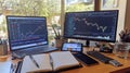 Stock Market Trading Desk with Laptop, Desktop Monitor, Tablet, and Notebook Royalty Free Stock Photo