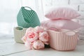 Home organizers colored baskets with handmade accessories on who