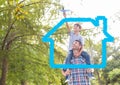 Home outline with father carrying his son on shoulders