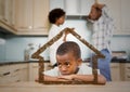 Home outline with son and parents arguing in kitchen