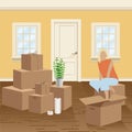 Home packing and moving illustration. Cardboard boxes, packing twine and stretch wrap. Woman in the room Royalty Free Stock Photo