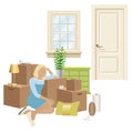 Home packing and moving illustration. Domestic goods and furniture with cardboard boxes, packing twine and stretch wrap. Royalty Free Stock Photo