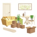 Home packing and moving illustration. Home goods, cardboard boxes. Royalty Free Stock Photo