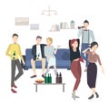 Home party with dancing, drinking people. Flat illustration.