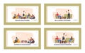 Home Party Landing Page Template Set. Group of Characters Celebrate Sitting at Table in Living Room Eating Cookies