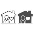 Home and person with heart line and solid icon, Lovely home concept, house with child and love sign on white background