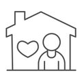 Home and person with heart thin line icon, Lovely home concept, house with child and love sign on white background