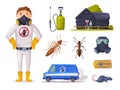 Home Pest Service, Exterminator Wearing Protection Uniform with Detecting, Exterminating and Protecting Equipment Vector