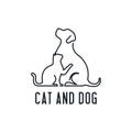 Home pets, minimalist monoline lineart outline dog cat icon logo template vector illustration, Modern kitten and puppy label for V