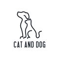 Home pets, minimalist monoline lineart outline dog cat icon logo template vector illustration, Modern kitten and puppy label for V