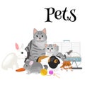 Home pets set, cat dog parrot goldfish hamster, domesticated animals