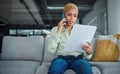 Home, phone call and serious woman with documents, conversation and connection with network. Person, customer and girl Royalty Free Stock Photo