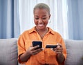 Home, phone or happy black woman with credit card or phone on payment on internet website or fintech. Online shopping Royalty Free Stock Photo