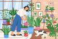 Home plant garden, woman and cat in room, cute houseplants. House interior with lady and table, trendy greenhouse. Happy
