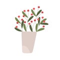 Home plant with red berries and leaves. American wintergreen growing in pot. Houseplant in flowerpot. Interior decor