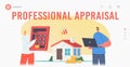 Home Professional Appraisal Landing Page Template. Tiny Appraisers Agents Characters Holding Huge Calculator and Laptop Royalty Free Stock Photo