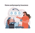 Home and property insurance concept. Homeowner reviews policy options for real estate.