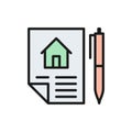 Home purchase contract, sale of real estate, lease flat color line icon.