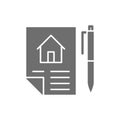 Home purchase contract, sale of real estate, lease grey icon.