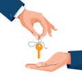 Home purchase deal vector illustration. Male hand giving house keys for property buying. Deal sale, property purchase