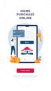 Home purchase online banner. Man buys a house paying by credit card and phone. Mortgage, property web purchase vector