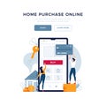 Home purchase online concept. Family buys new house, touching the button on phone, paying by credit card. property