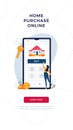 Home purchase online concept. Woman buying a new house, touching the button on phone screen. Mortgage, digital web