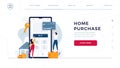 Home purchase online homepage template. Family buys a new house, touching the button on phone, paying by credit card