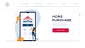 Home purchase online homepage template. Woman buying a new house, touching the button on phone screen. Home-buying