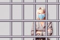 Home Quarantine illustration. Corona virus self-quarantine. Business woman in quarantine for coronavirus wearing protective mask