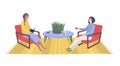 Home recreation woman character sitting and friendly talk, couple girlfriend dialogue drink tea cartoon vector