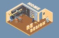 Home redesign. Isometric. Worker is laying parquet. Interior. Vector.