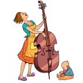 Home rehearsal. Mother with a small child plays the double bass