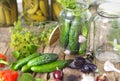 Home remedies for future use.Fresh and pickled cucumbers, homemade canned food with cucumbers in glass jars on a wooden background Royalty Free Stock Photo