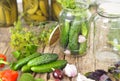 Home remedies for future use.Fresh and pickled cucumbers, homemade canned food with cucumbers in glass jars on a wooden background Royalty Free Stock Photo