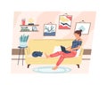 Home remote work. Cartoon calm woman operating computer from house, comfortable workplace and interior. Cute girl