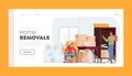 Home Removals Landing Page Template. Young Couple Characters Moving into New Home, Man and Woman Unpacking Boxes
