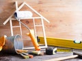 Home renovation construction abstract background with tools on wooden boards diy still life Royalty Free Stock Photo