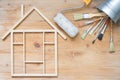 Home renovation construction abstract background with tools on wooden boards top view and free place Royalty Free Stock Photo