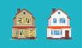 Home renovation. House before and after repair. New and old suburban cottage. Isolated vector illustration Royalty Free Stock Photo