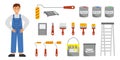 Home renovation tool kit. Brushes and spatulas for painting walls at home. Vector illustration in flat, cartoon style. Royalty Free Stock Photo
