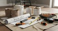 Home Renovation Tools and Blueprint Concept Royalty Free Stock Photo